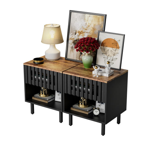 2 Pack Black Nightstands, Mid-Century Cabinet with Grille Striped Doors & Metal Legs