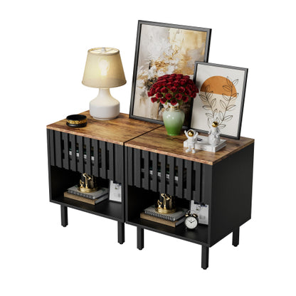 2 Pack Black Nightstands, Mid-Century Cabinet with Grille Striped Doors & Metal Legs
