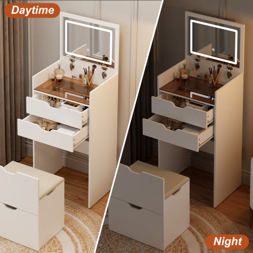 3-in-1 Multifunctional Vanity Desk Set, Flip-Up Mirror, 3-Color Lights, 2 Drawers, Hidden Storage Stool, Pink