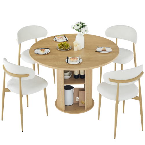 3-Piece Natural Wood Grain Dining Set, 47.2inch  Round Table with Double Shelves & 2 Velvet Chairs