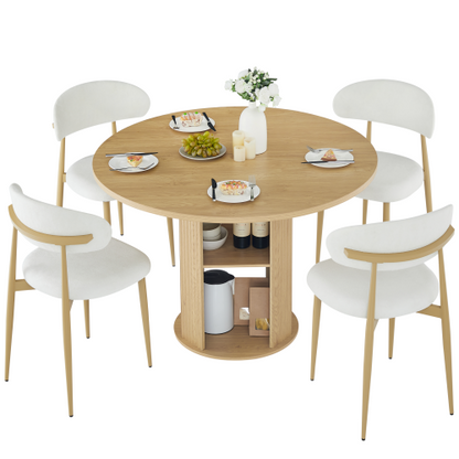3-Piece Natural Wood Grain Dining Set, 47.2inch  Round Table with Double Shelves & 2 Velvet Chairs