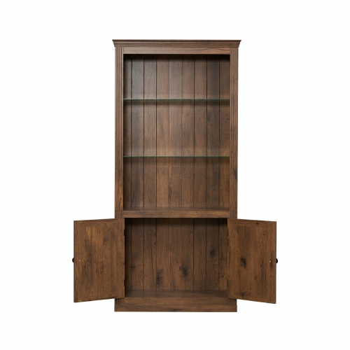 78.75 Inch Brown Retro LED Warm Light Adjustable Glass Display Cabinet