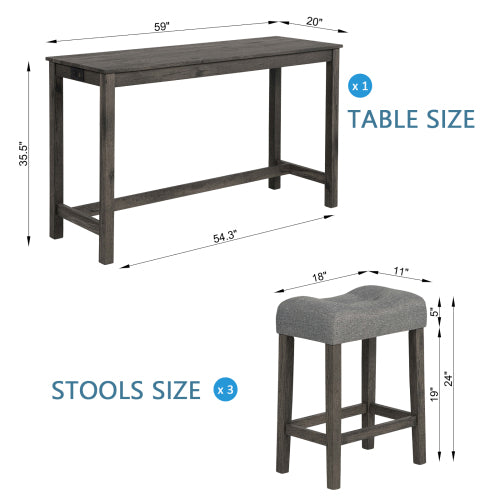 4 Piece Bar Table Set with Power Outlet,Bar Table Set with Chairs,Sofa Bar Table with Stools,Behind Couch Table with 3 Padded Stools,for Living Room,Dining room, Dark Gray