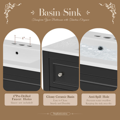 36" Bathroom Vanity Cabinet with Sink Combo Set, Undermount Ceramic Sink, Free Standing Vanity Set with 4 Drawers, Solid Wood Frame Bathroom Cabinet, Black