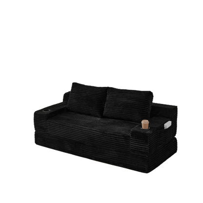 70.8-inch corduroy two-in-one sofa bed, featuring a lounge chair with two throw pillows, built-in cup holders in the armrests, and side storage pockets-ideal for living rooms, bedrooms, and relaxation