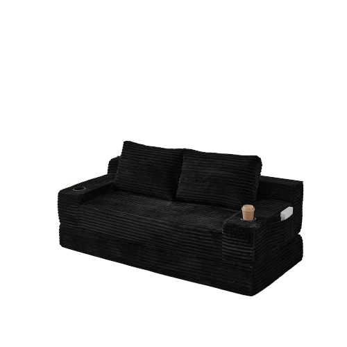 70.8-inch corduroy two-in-one sofa bed, featuring a lounge chair with two throw pillows, built-in cup holders in the armrests, and side storage pockets-ideal for living rooms, bedrooms, and relaxation