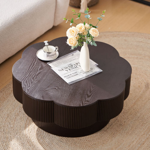 31.5inch  Flower Shaped Coffee Table with Storage Wood Veneer Dark Brown