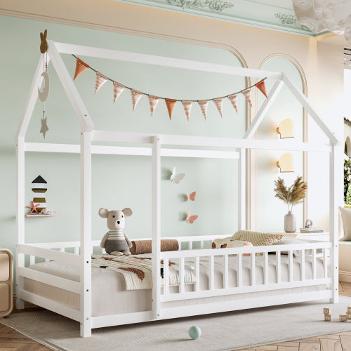 Twin Size Floor Wooden Bed with House Roof Frame, Fence Guardrails,White