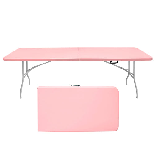 8ft Pink Folding Table, Portable Plastic Table for Camping, Picnics, Parties, High Load Bearing Foldable Table
