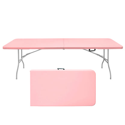 8ft Pink Folding Table, Portable Plastic Table for Camping, Picnics, Parties, High Load Bearing Foldable Table