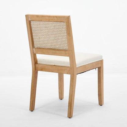 Set of 2 Beige Farmhouse Cane Rattan Dining Chairs, Distressed Solid Hardwood Frame Linen Upholstered Side Chairs 300 LBS Load