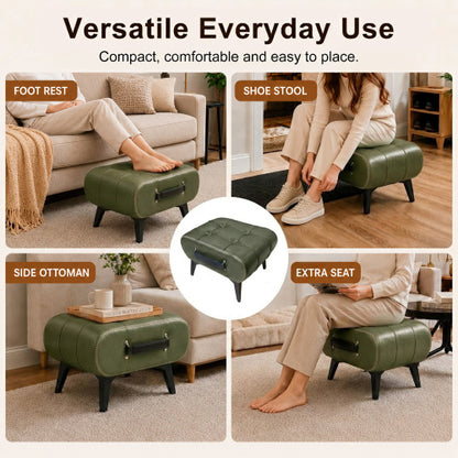 Tufted Faux Leather Rectangular Storage Ottoman with Handle, Metal Leg Multiuse Foot Stool for Entryway Apartment