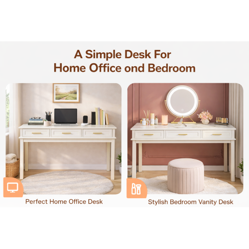 Cream White Vanity Desk with 3 Drawers, Modern Makeup or Writing Desk, Multipurpose Dressing Table for Bedroom, No Mirror Included