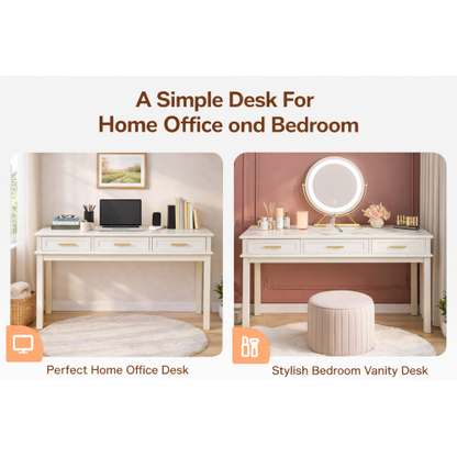 Cream White Vanity Desk with 3 Drawers, Modern Makeup or Writing Desk, Multipurpose Dressing Table for Bedroom, No Mirror Included