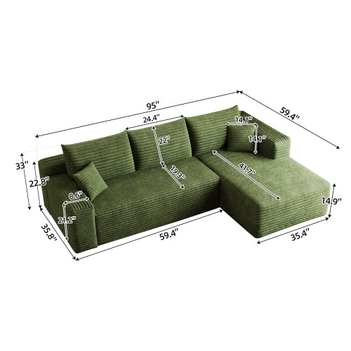95-Inch Green Plush Corduroy U-Shaped Cloud Modular Sectional Deep-Seat Corner Sofa No-Assembly for Living-Room