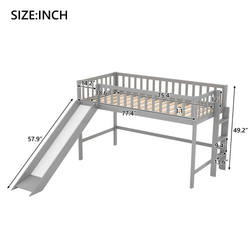 Twin Size Low Loft Bed with Ladder and Slide, Gray