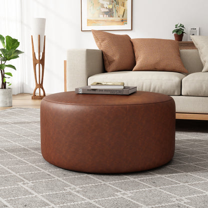 30 Inch Brown PU Leather Round Ottoman, Upholstered Modular Footrest with Plywood Frame and Pocket Coil Spring Cushions