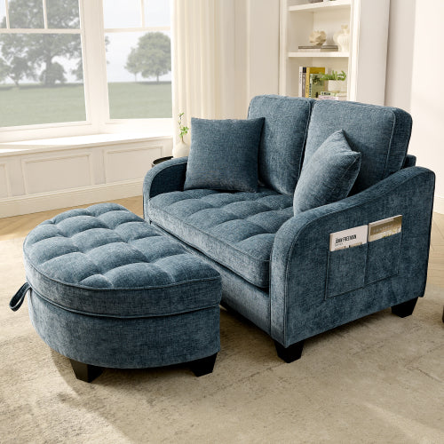 Blue 2-Seater Sofa Chaise, Irregular Armrest, Storage Footrest & 2 Pillows