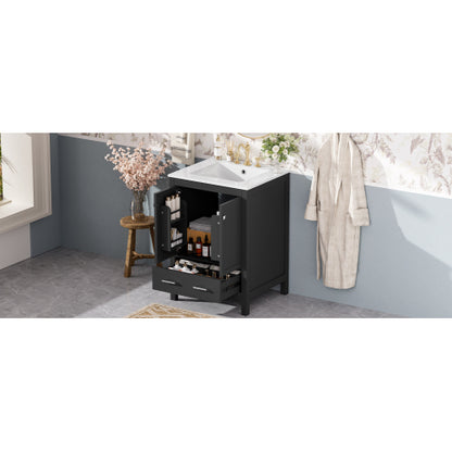 24-inch bathroom vanity with integrated undermount basin and a storage cabinet featuring 2 doors and 1 drawer. Includes double-layer door shelf, soft-close design, and versatile storage solutions