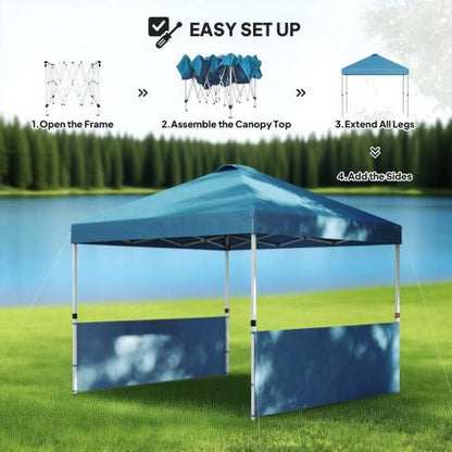 10x 10 ft party tent Pop Up Canopy Tent with 2 Half Sidewalls with Wheeled Carry Bag, Blue