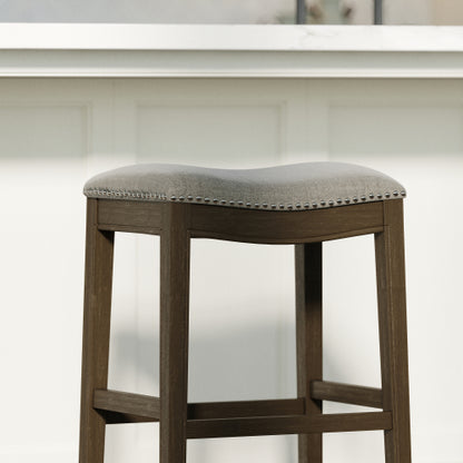 31in. Saddle Distressed Espresso Wood Bar-Height Barstool with Smoke Gray Fabric, 1PC