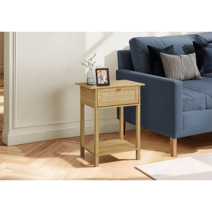 Natural Rattan Accent Table 2 Tier Storage Nightstand with Drawer