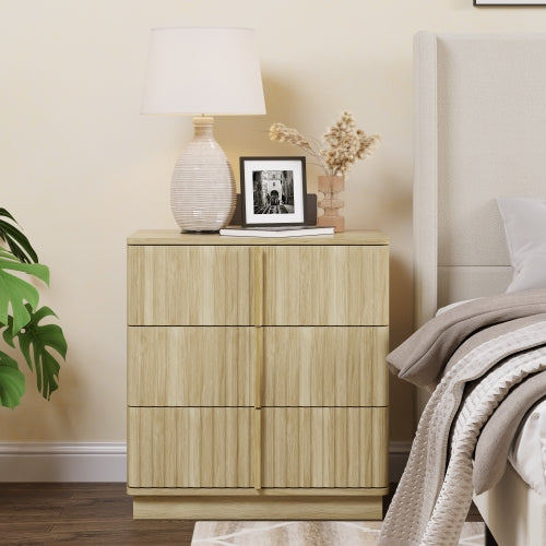 Vertical Stripe 3 Drawer Vintage Nightstand with Storage, Natural Finish