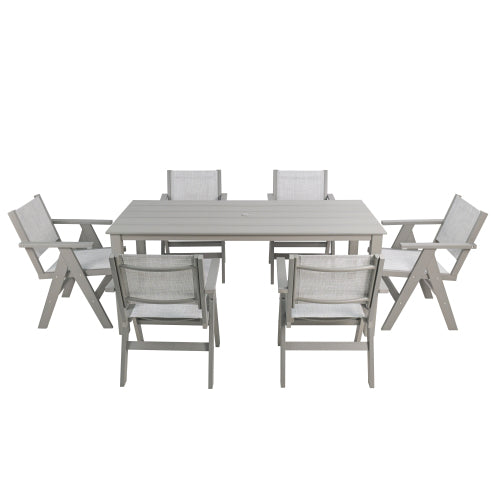 A wooden-textured imitation wood dining table, simple yet with a high quality feel. It has a small tabletop and is perfect for outdoor picnics. Light gray color, 68.9 inches long.
