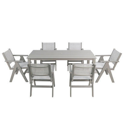 A wooden-textured imitation wood dining table, simple yet with a high quality feel. It has a small tabletop and is perfect for outdoor picnics. Light gray color, 68.9 inches long.