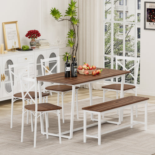 6-Piece Dining Table Set with Bench and 4 Chairs for Kitchen