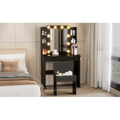 Makeup Vanity Desk with 10 Hollywood Bulbs, Fluted Dressing Table with Charging Station, 2 Drawers and 4 Open Shelves, Hairdryer Holder, Padded Stool with Storage , Black