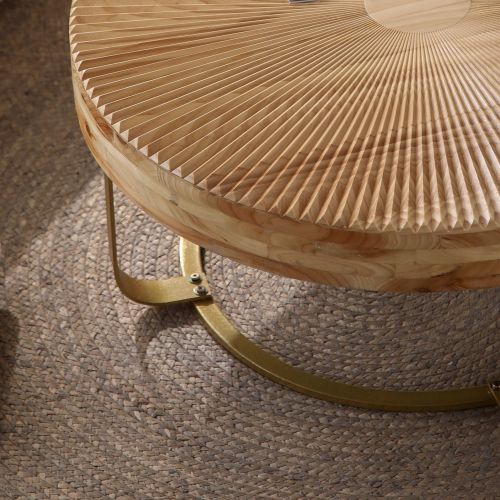 Round Wood Coffee Table Gold Metal Legs Carved Pine Accent Living Room Table