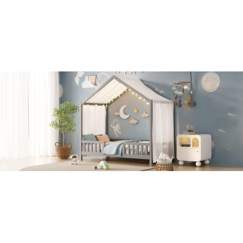 Montessori Floor Bed with Canopy, Twin Bed Frame for Kids, House Shape Toddler Bed Frame with High Railings, Wood Kids Bed with Roof, Kid Twin Bed, Grey