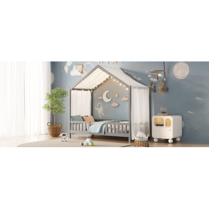 Montessori Floor Bed with Canopy, Twin Bed Frame for Kids, House Shape Toddler Bed Frame with High Railings, Wood Kids Bed with Roof, Kid Twin Bed, Grey