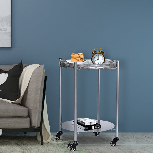 2-Tier Movable Round Side Table with Lockable Wheels