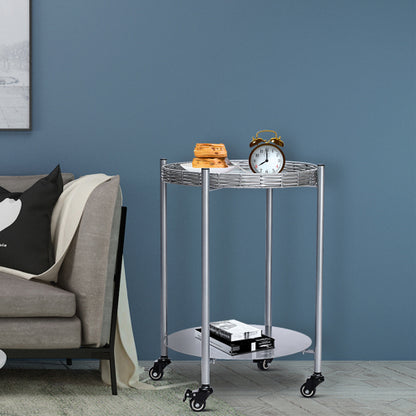 2-Tier Movable Round Side Table with Lockable Wheels