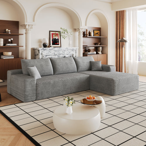 107 inch  Grey Plush Corduroy L-Shape Chaise Cloud Modular Sofa, No Assembly