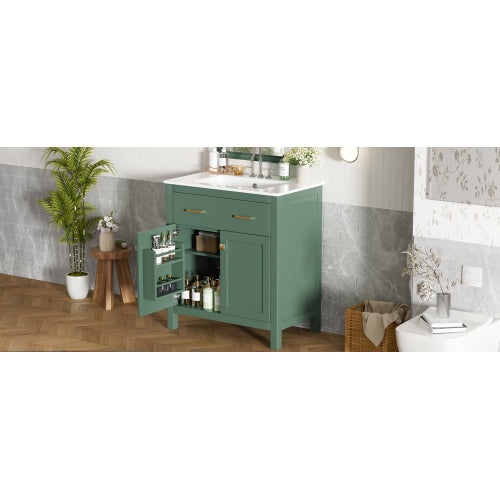 30-inch Bathroom Vanity with Ceramic Sink, Modern Green Single Bathroom Cabinet with 2 Doors and a Shelf, Soft Close Doors