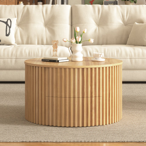 Round Lift Top Coffee Table Storage Fluted Wood MDF Solid Wood Living Room Table