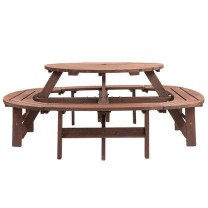 10-12-person Round Outdoor Wooden Picnic Table for Patio, Backyard, Garden, DIY with 1 Built-in Ring Stool, 500-lb Weight Capacity - Walnut Brown