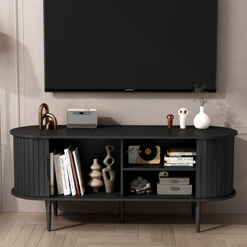 47 Inch Black Mid-Century TV Stand Sliding Fluted Door MDF Media Console with Metal Legs