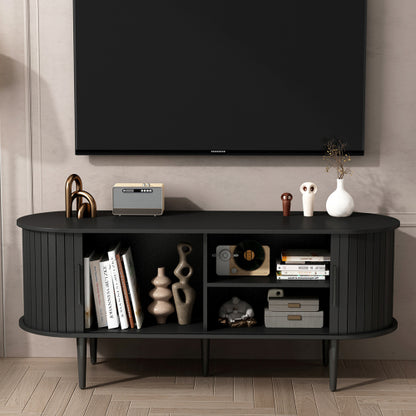 47 Inch Black Mid-Century TV Stand Sliding Fluted Door MDF Media Console with Metal Legs