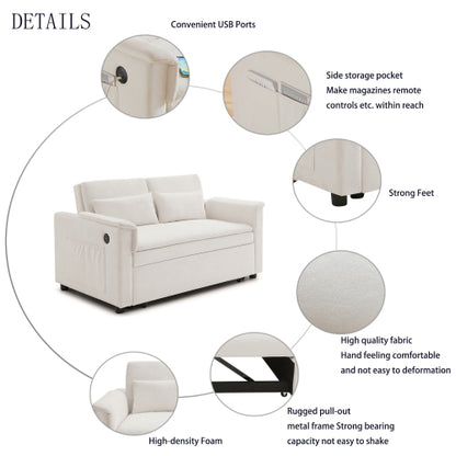 Beige 55 inch  Velvet 3-in-1 Pull-Out Loveseat Sofa-Bed,USB & Side Pockets