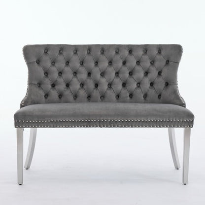 Velvet Double Dining Loveseat Bench, Kitchen & Dining Seating, 2-Seat Tufted Bench w/Handmade Buttons, Wing Back, Brushed Silver Stainless Steel Legs, Mid Century Modern,Single Pack,Gray