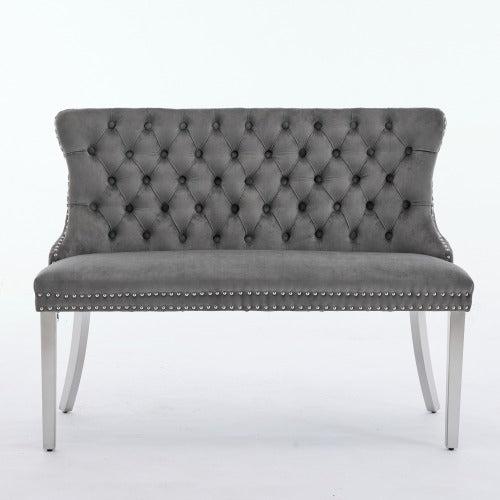 Velvet Double Dining Loveseat Bench, Kitchen & Dining Seating, 2-Seat Tufted Bench w/Handmade Buttons, Wing Back, Brushed Silver Stainless Steel Legs, Mid Century Modern,Single Pack,Gray