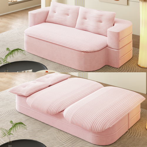 78.7-Inch Baby-Pink Convertible Corduroy Sleeper Floor Sofa-Bed with Zip-On Blanket & 2 Pillows No-Assembly