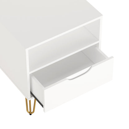 White Modern Nightstand with Drawer, Shelf & Metal Legs