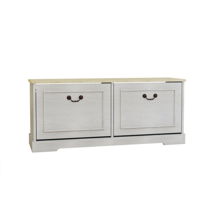 Shoe Storage Bench with 2 Flip Drawers and Adjustable Shelf for Entryway, Hallway, Bedroom-Antique White