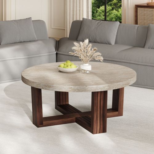 31.5inch  Round Coffee Table Marble Pattern Top Wood Grain Base Modern Accent