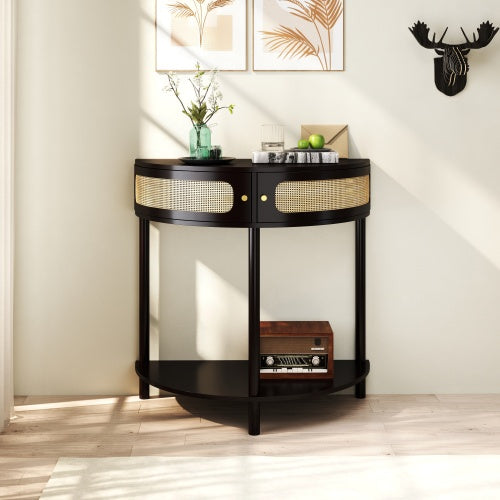 Half Moon Console Table Rattan Sliding Door Storage Entryway Cabinet Black Boho Accent